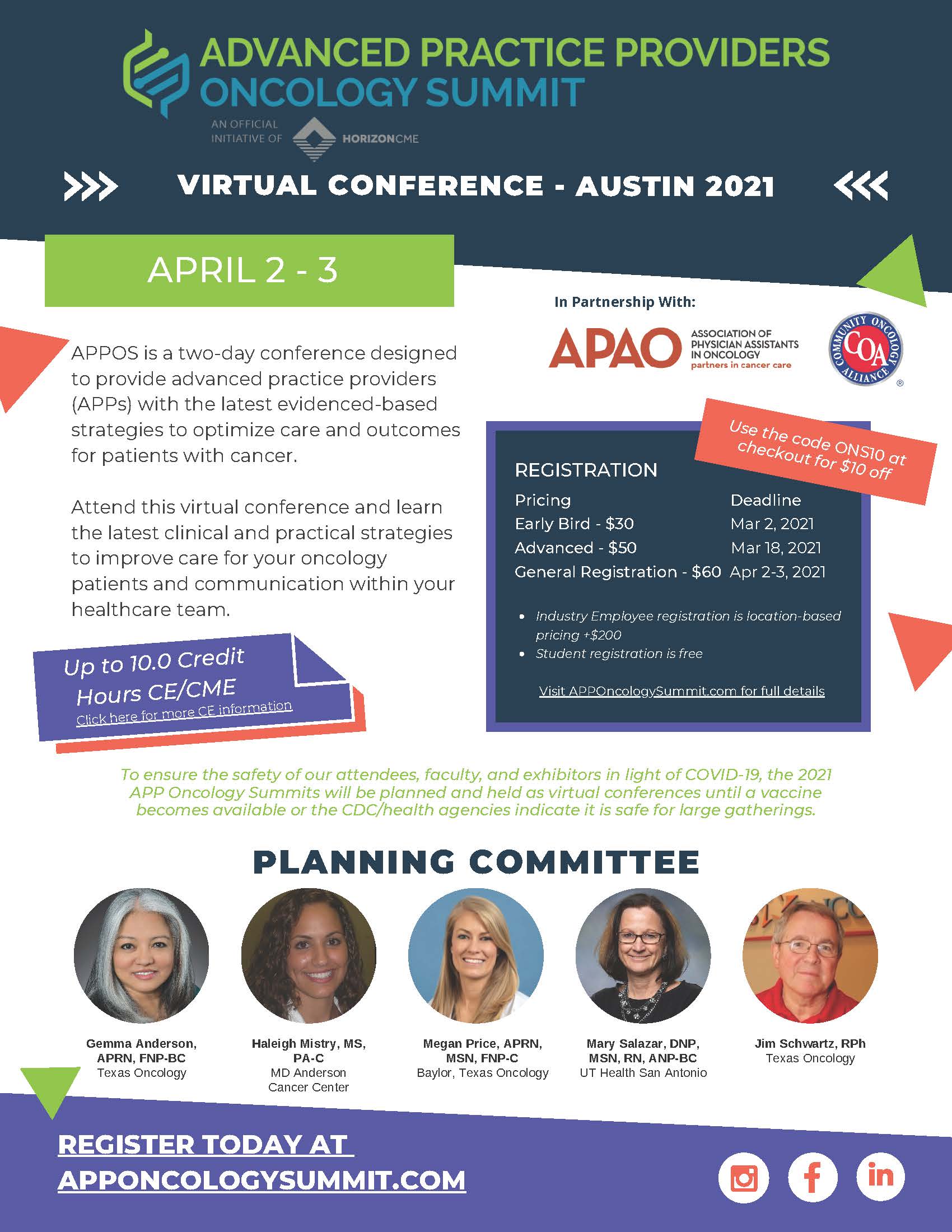 Earn up to 10 CE/CMEs.  Early Bird deadline is March 2!  Register at apponcologysummit.com